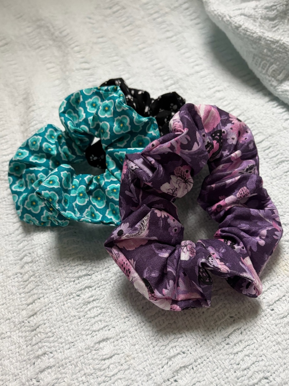Set of 3 Patterned Scrunchies - Purple, Teal, Black